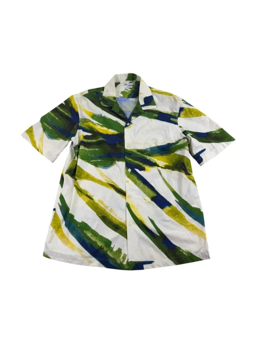 Zara Mens Green/Yellow Printed Button-Down Short-Sleeve Shirt Size L